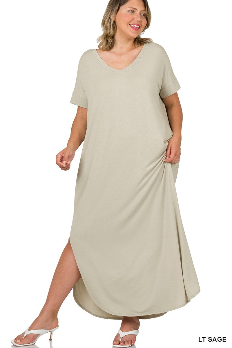 PLUS V-NECK SHORT SLEEVE MAXI DRESS