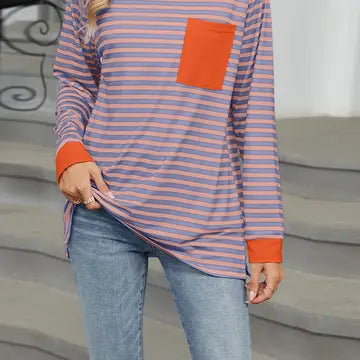 Colorblock Pocket Stripes Long Sleeves Top