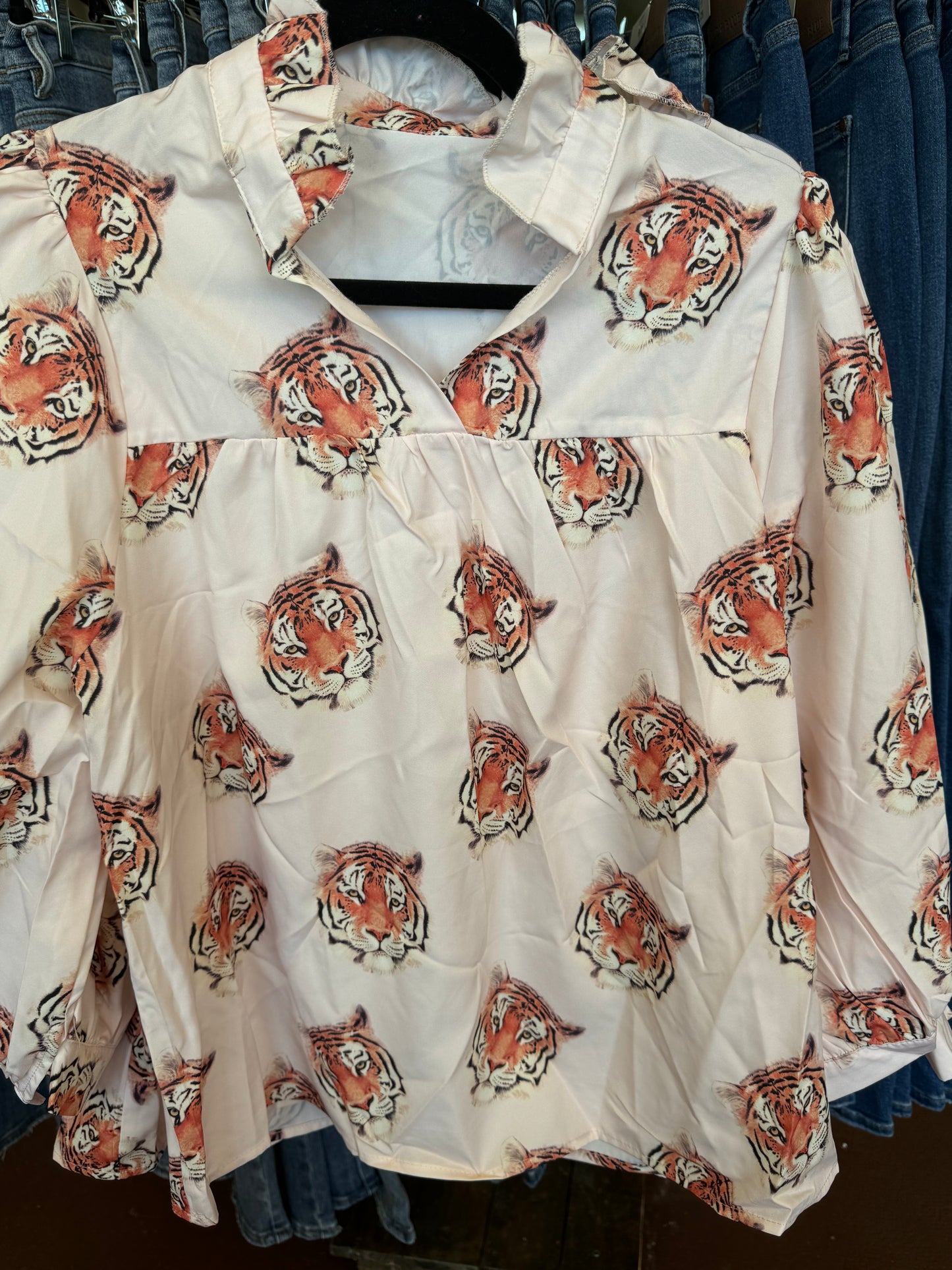 Trendy Tiger Print Blouse - Chic Notched Neck with Flirty Ruffle Trim - Long Sleeve Casual Wear for Spring & Fall