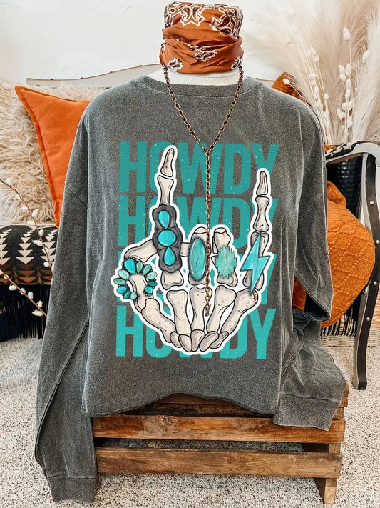 Howdy Print Sweatshirt, Crew Neck Casual Sweatshirt For Fall & Spring, Women's Clothing