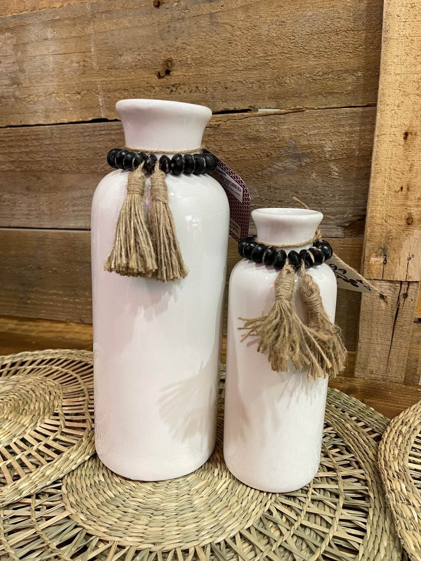 Large White Vases with Black Beads